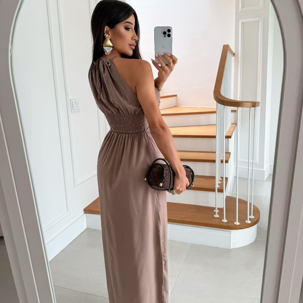 Mocha Elegance Pleated Maxi Dress