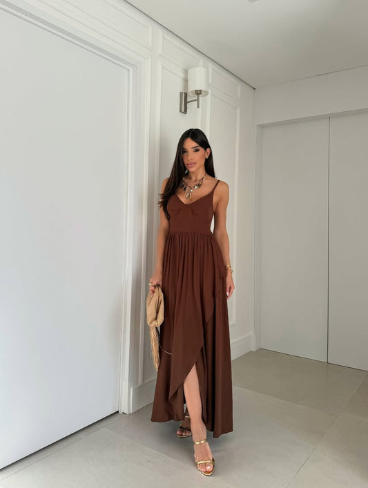 Asymmetrical Ruffle Maxi Dress – Chocolate Brown