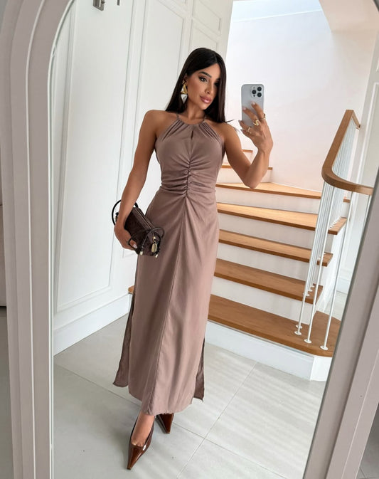 Mocha Elegance Pleated Maxi Dress