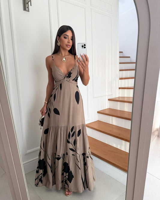 Floral Maxi Dress – Taupe & Black